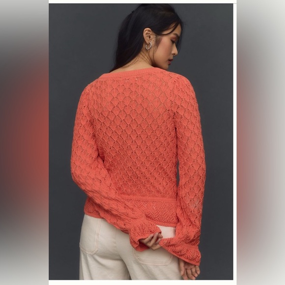 Anthropologie Sweater Flounce-Hem Pointelle Pullover Ruffle Tangerine Large NWT - Picture 2 of 12